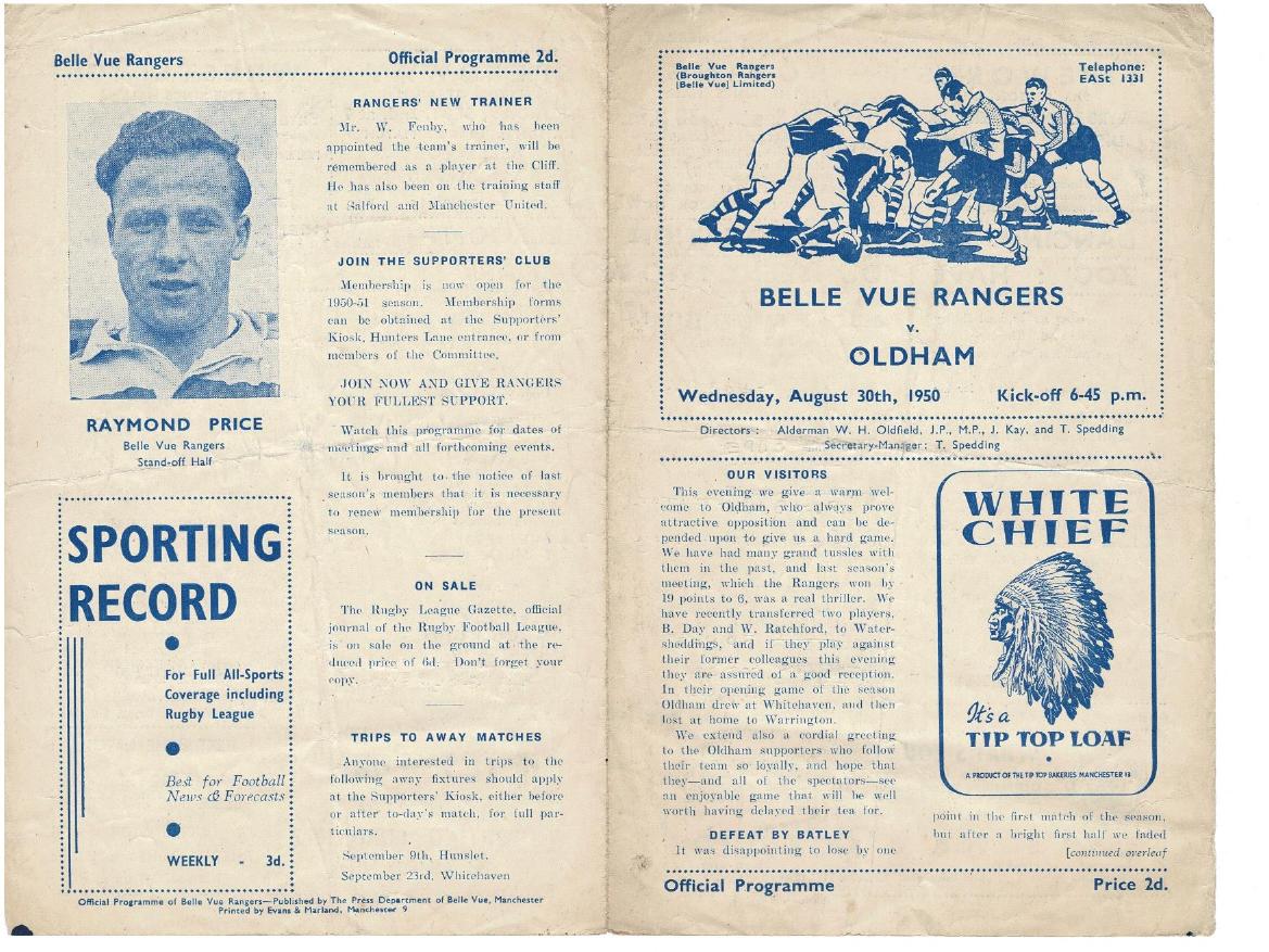Programme cover: Oldham v Belle Vue Rangers, 30 August 1950