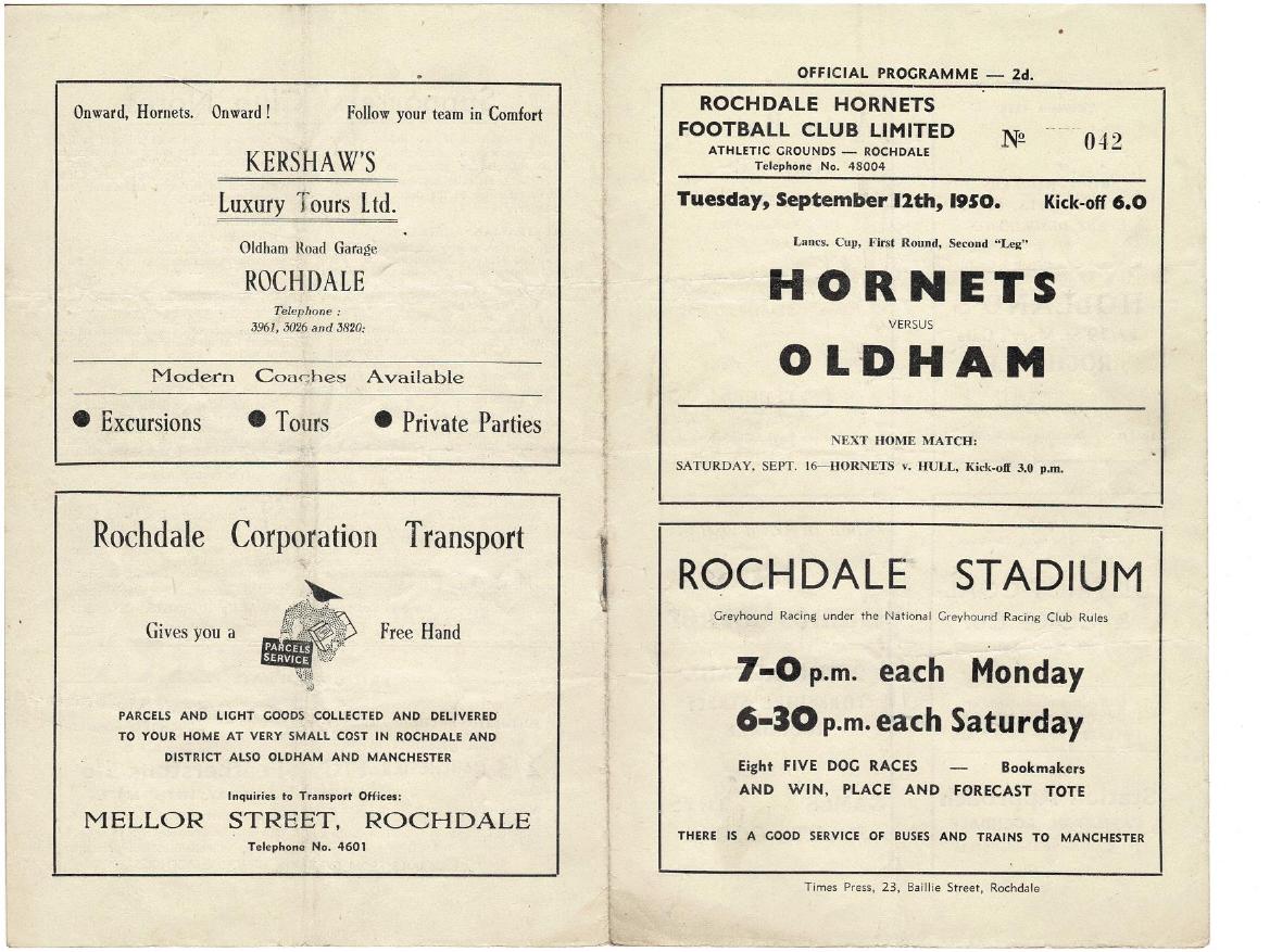 Programme cover: Oldham v Rochdale Hornets, 12 September 1950