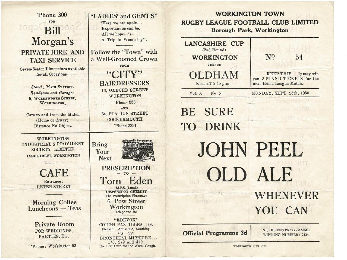 Programme cover: Oldham v Workington Town, 25 September 1950