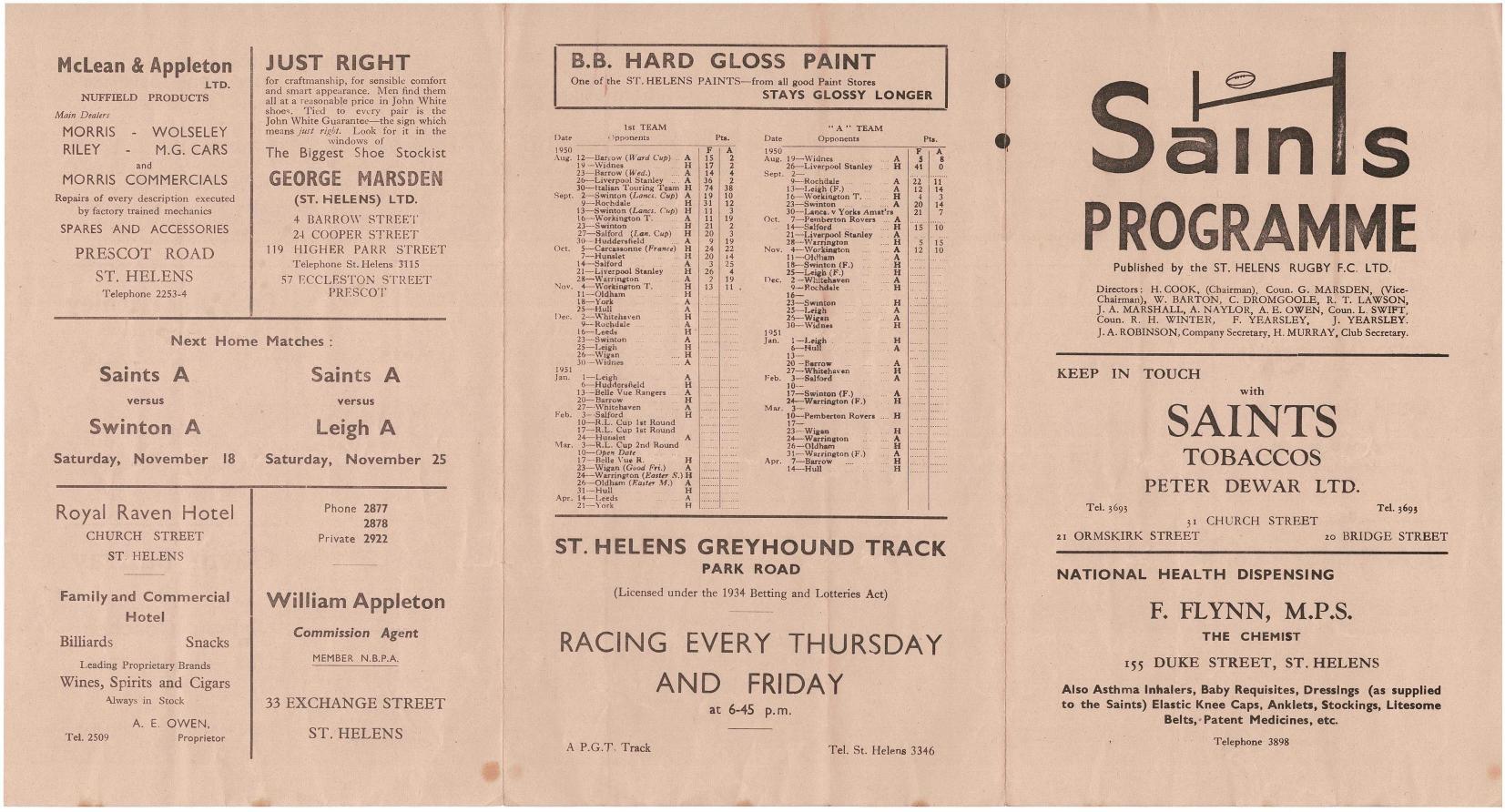 Programme cover: Oldham v St Helens, 11 November 1950