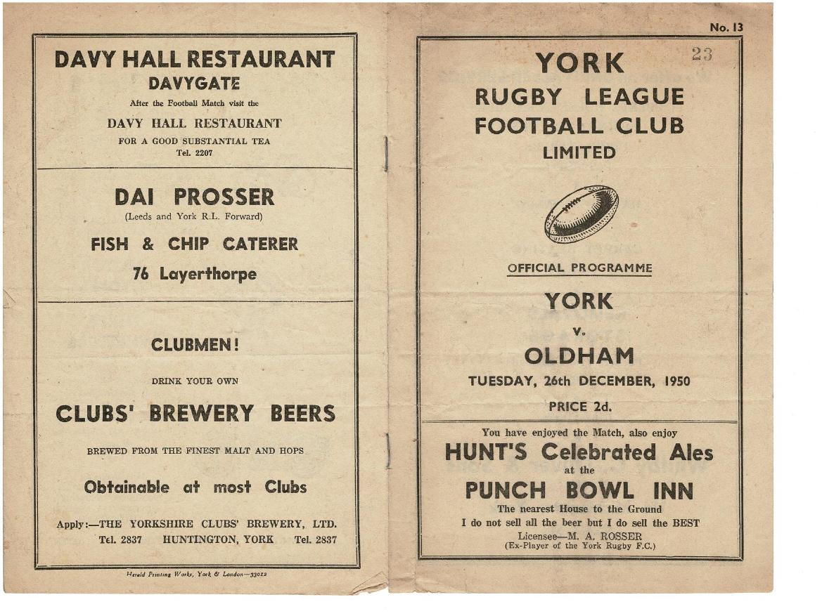 Programme cover: Oldham v York, 26 December 1950