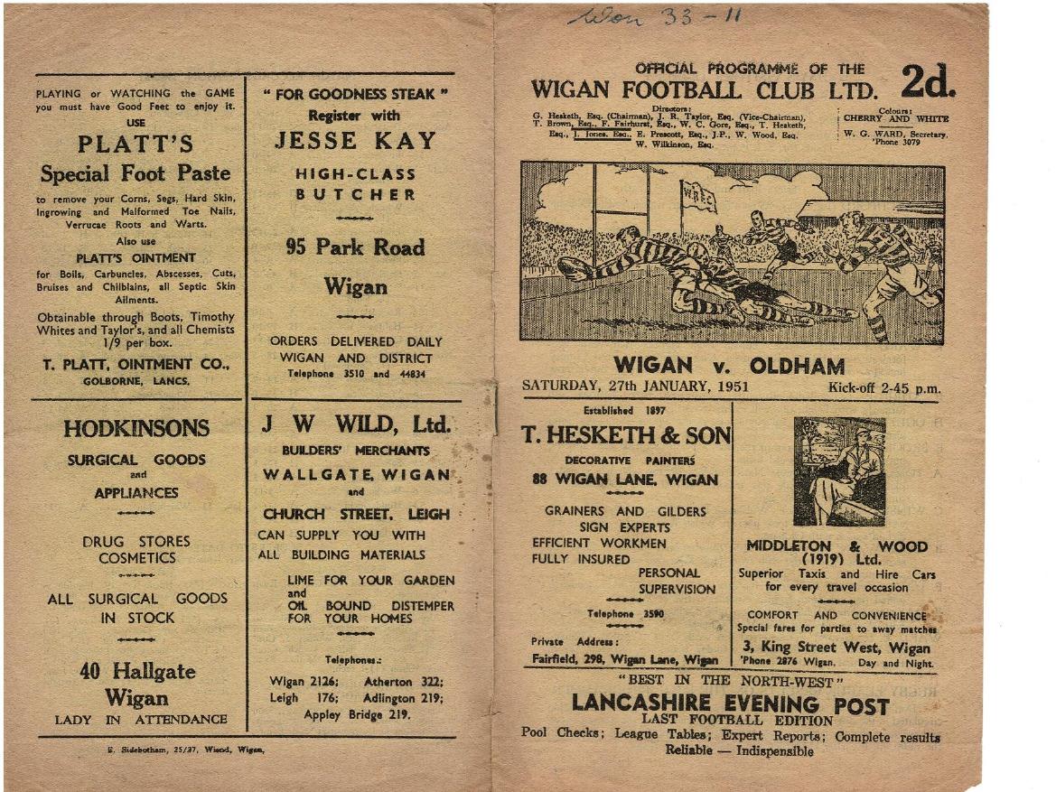 Programme cover: Oldham v Wigan, 27 January 1951