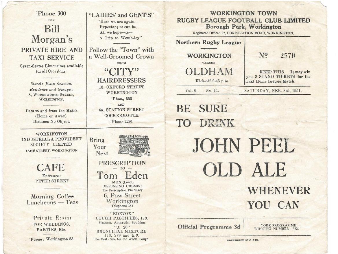 Programme cover: Oldham v Workington Town, 3 February 1951