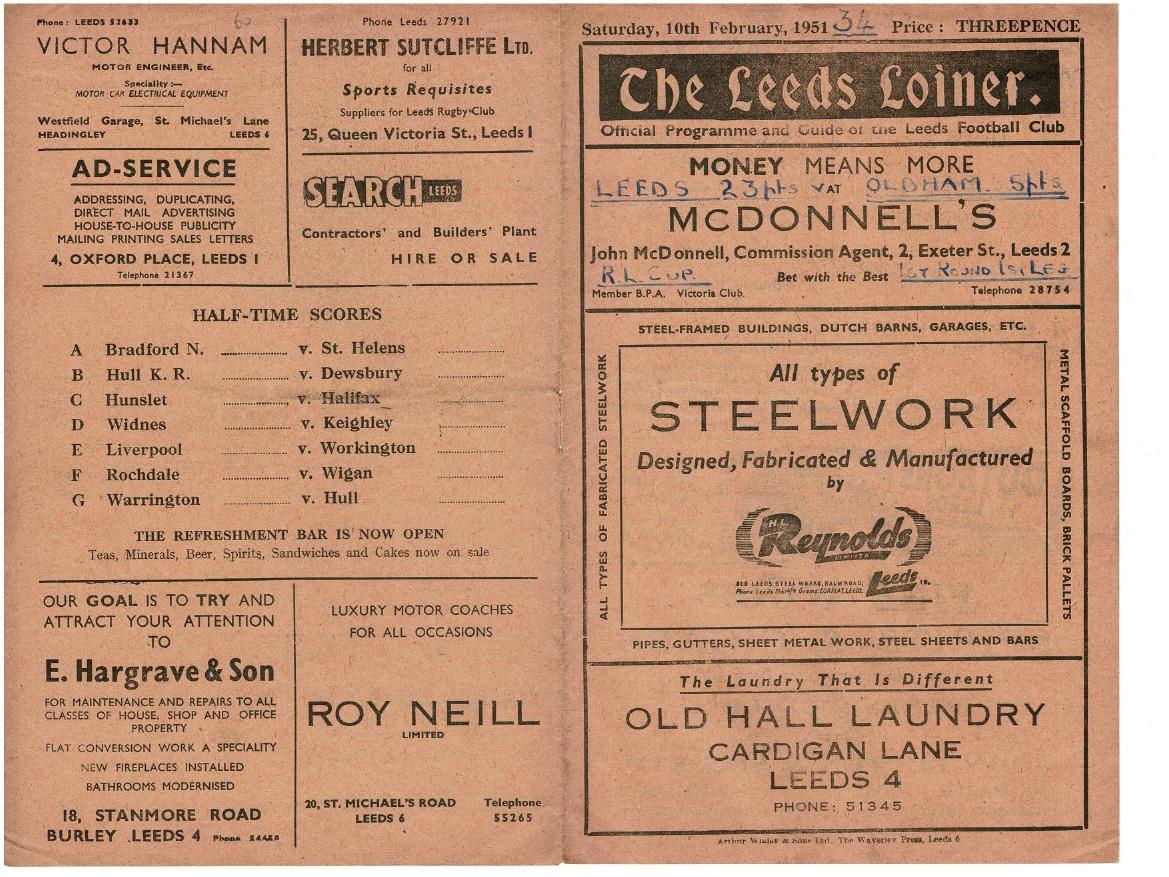 Programme cover: Oldham v Leeds, 10 February 1951