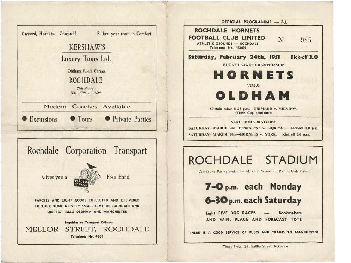 Programme cover: Oldham v Rochdale Hornets, 24 February 1951