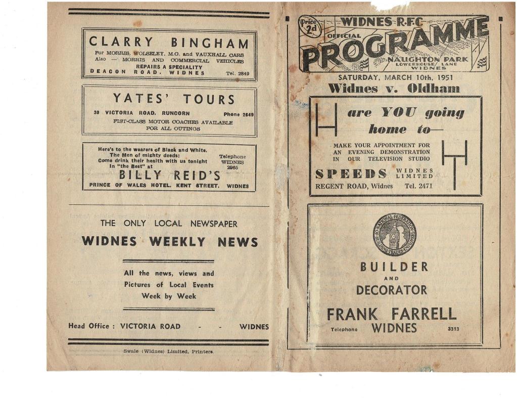 Programme cover: Oldham v Widnes, 10 March 1951