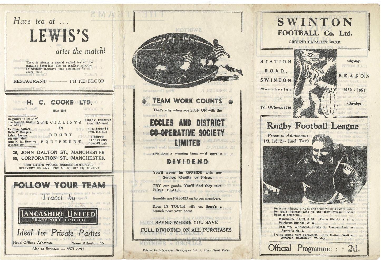 Programme cover: Oldham v Swinton, 23 March 1951