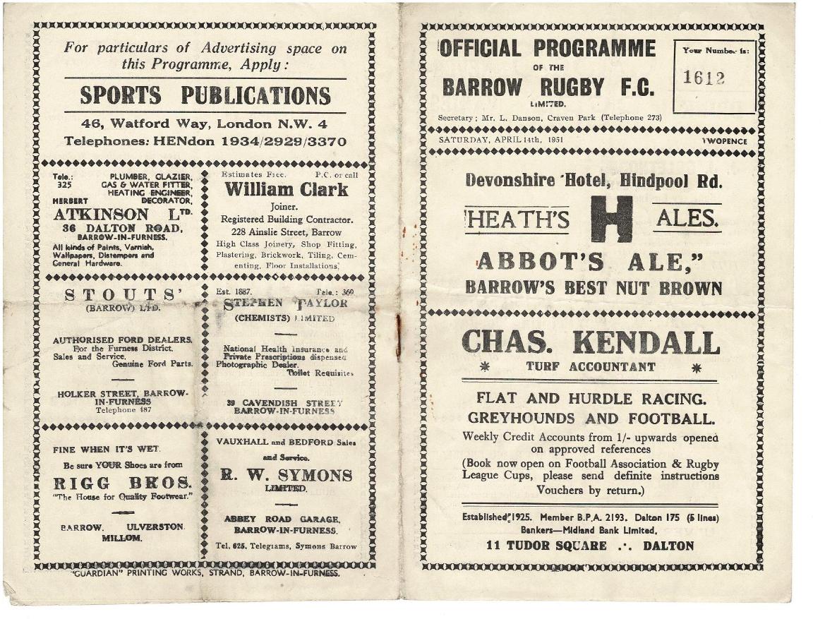 Programme cover: Oldham v Barrow, 14 April 1951