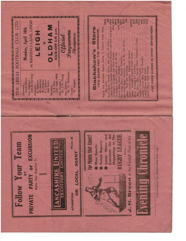 Programme cover: Oldham v Leigh, 16 April 1951