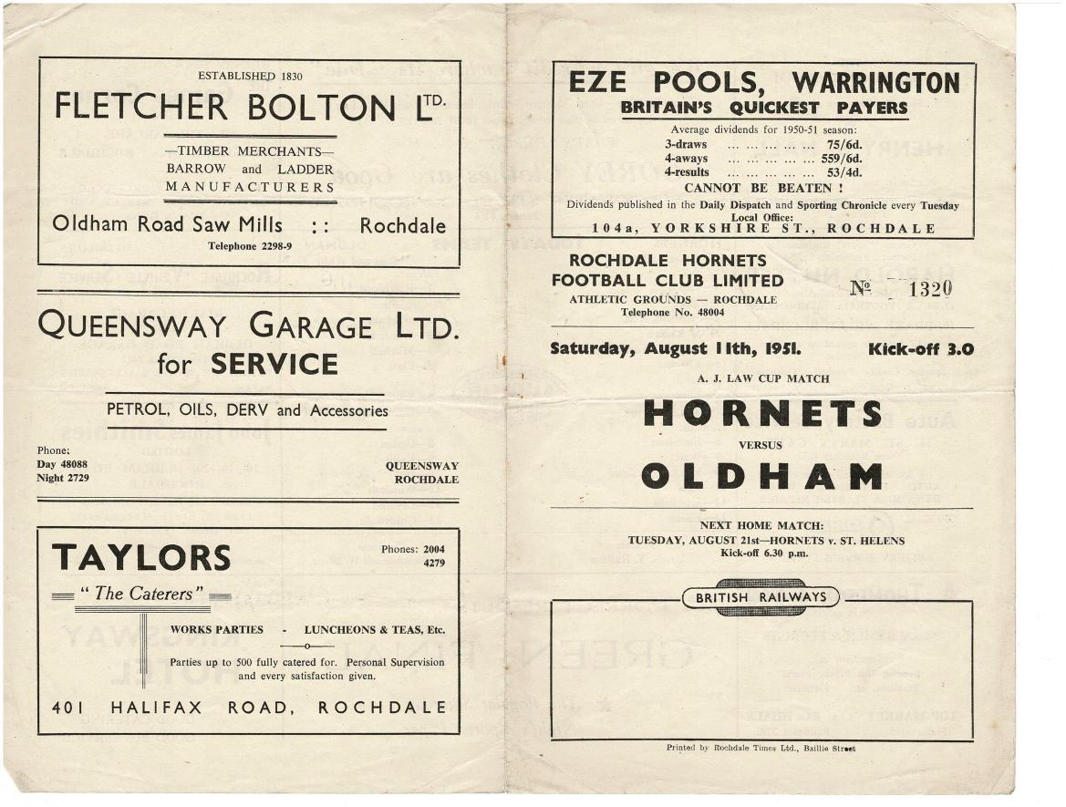 Programme cover: Oldham v Rochdale Hornets, 11 August 1951