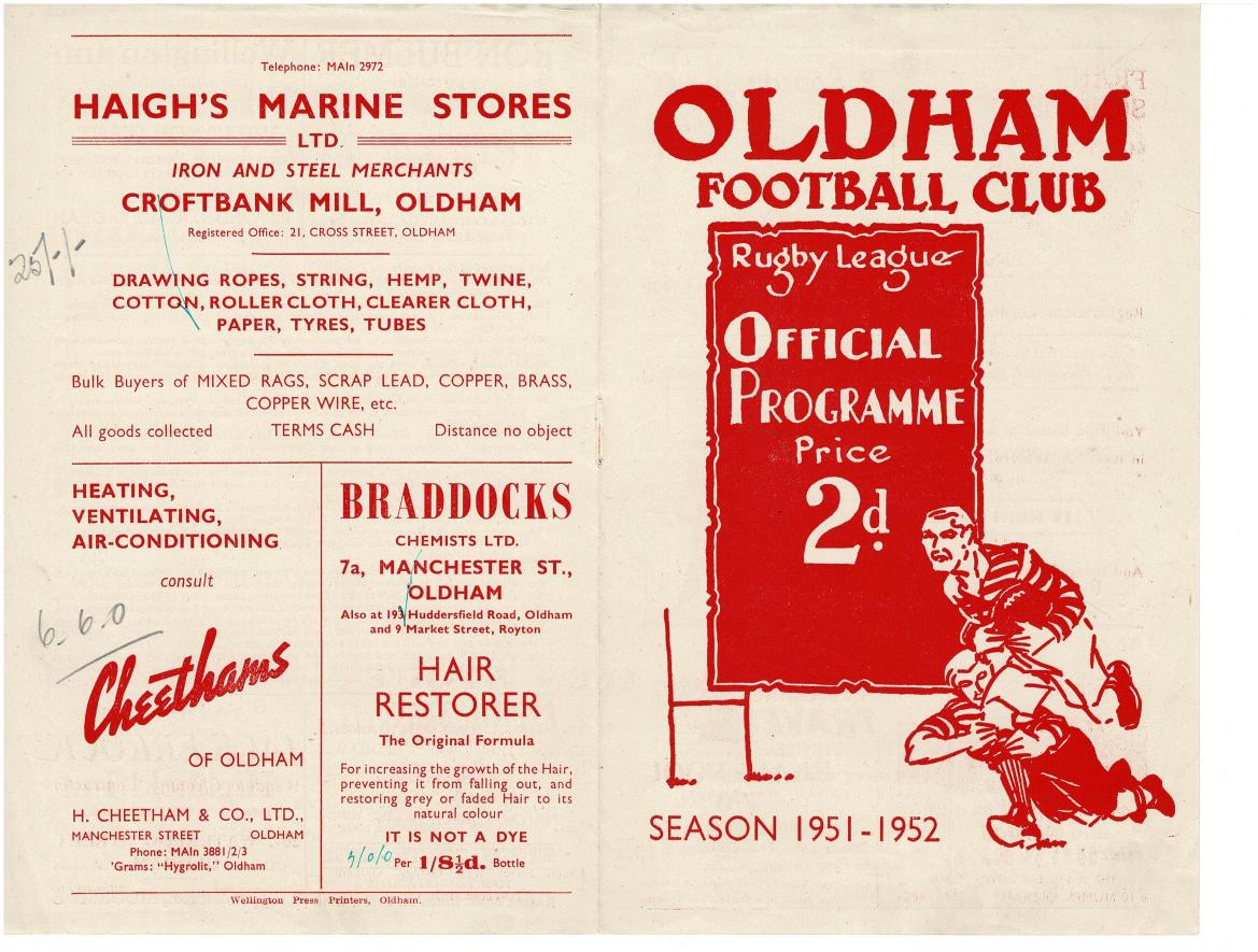 Programme cover: Oldham v Bradford Northern, 18 August 1951