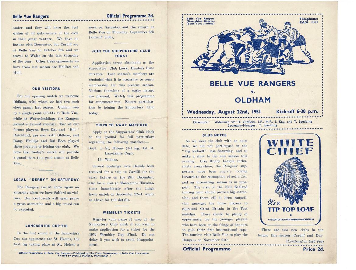 Programme cover: Oldham v Belle Vue Rangers, 22 August 1951