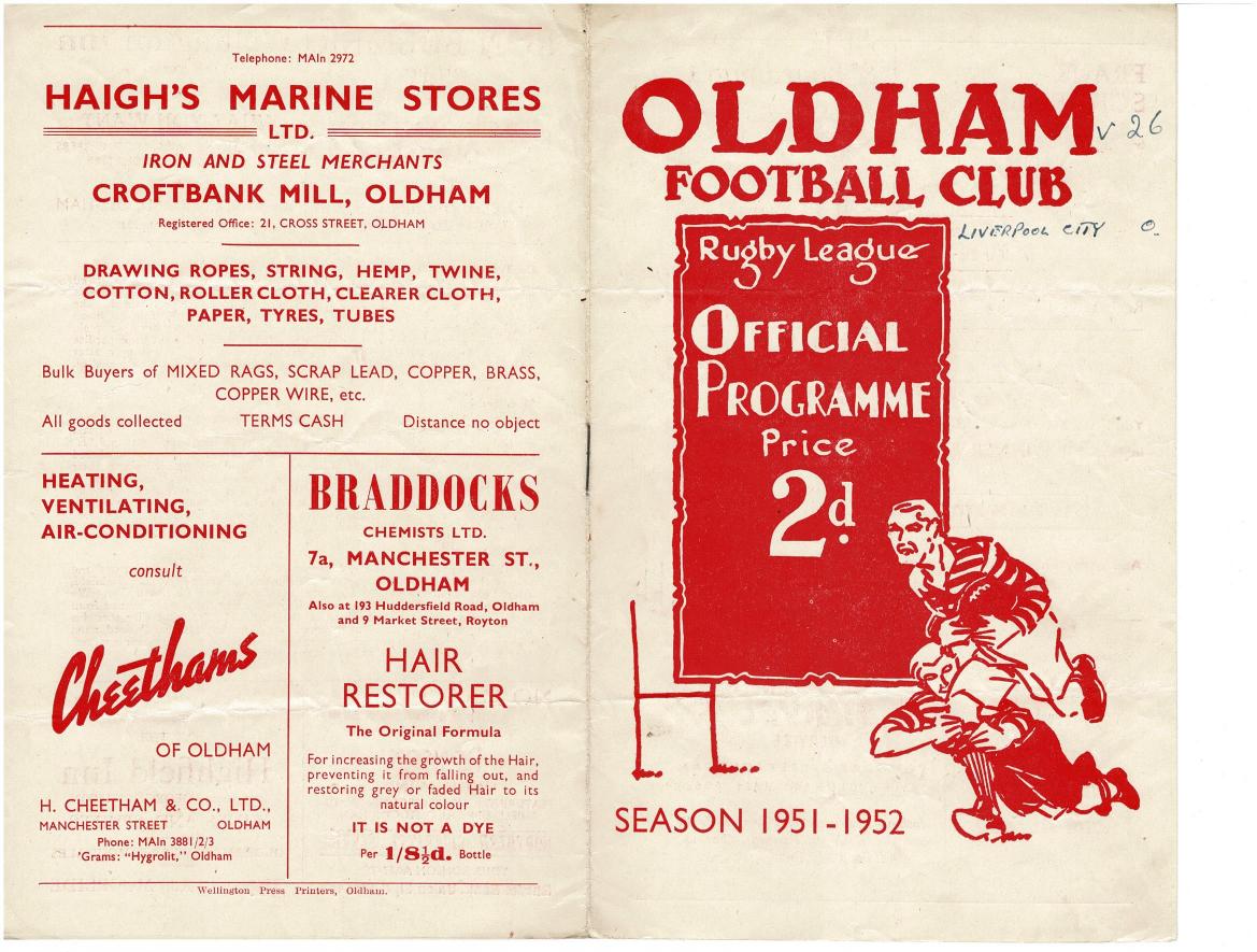Programme cover: Oldham v Liverpool City, 28 August 1951