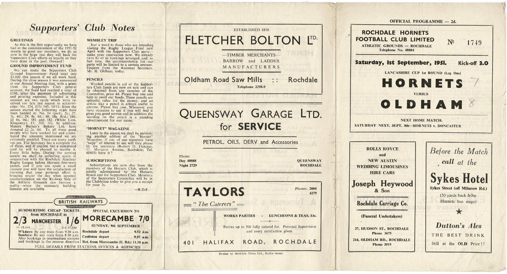 Programme cover: Oldham v Rochdale Hornets, 1 September 1951