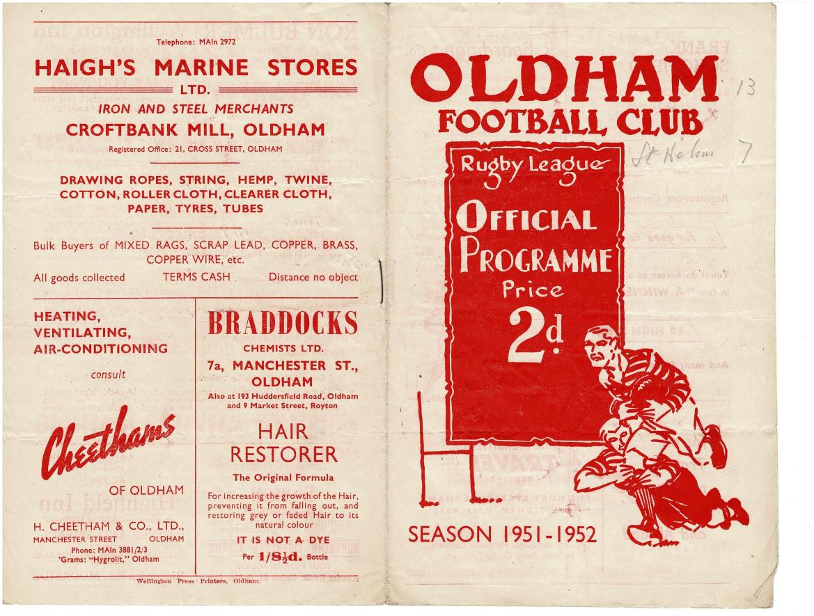 Programme cover: Oldham v St Helens, 15 September 1951