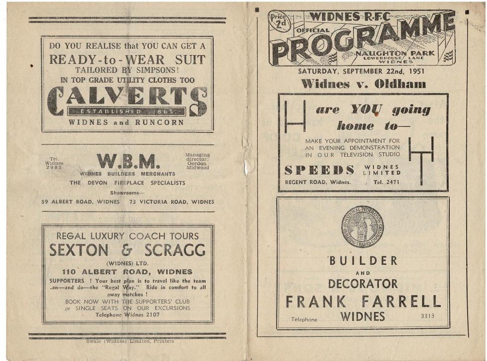 Programme cover: Oldham v Widnes, 22 September 1951