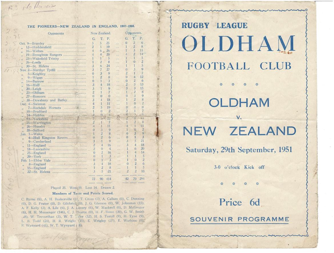 Programme cover: Oldham v New Zealand, 29 September 1951