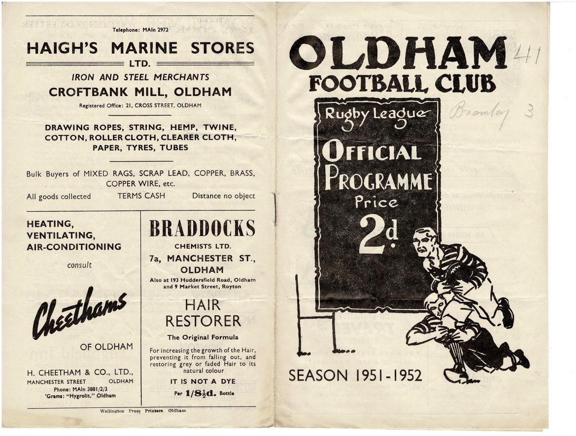 Programme cover: Oldham v Bramley, 3 November 1951