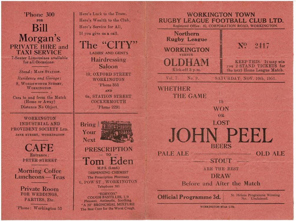 Programme cover: Oldham v Workington Town, 10 November 1951