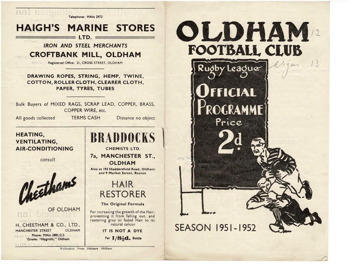 Programme cover: Oldham v Wigan, 17 November 1951