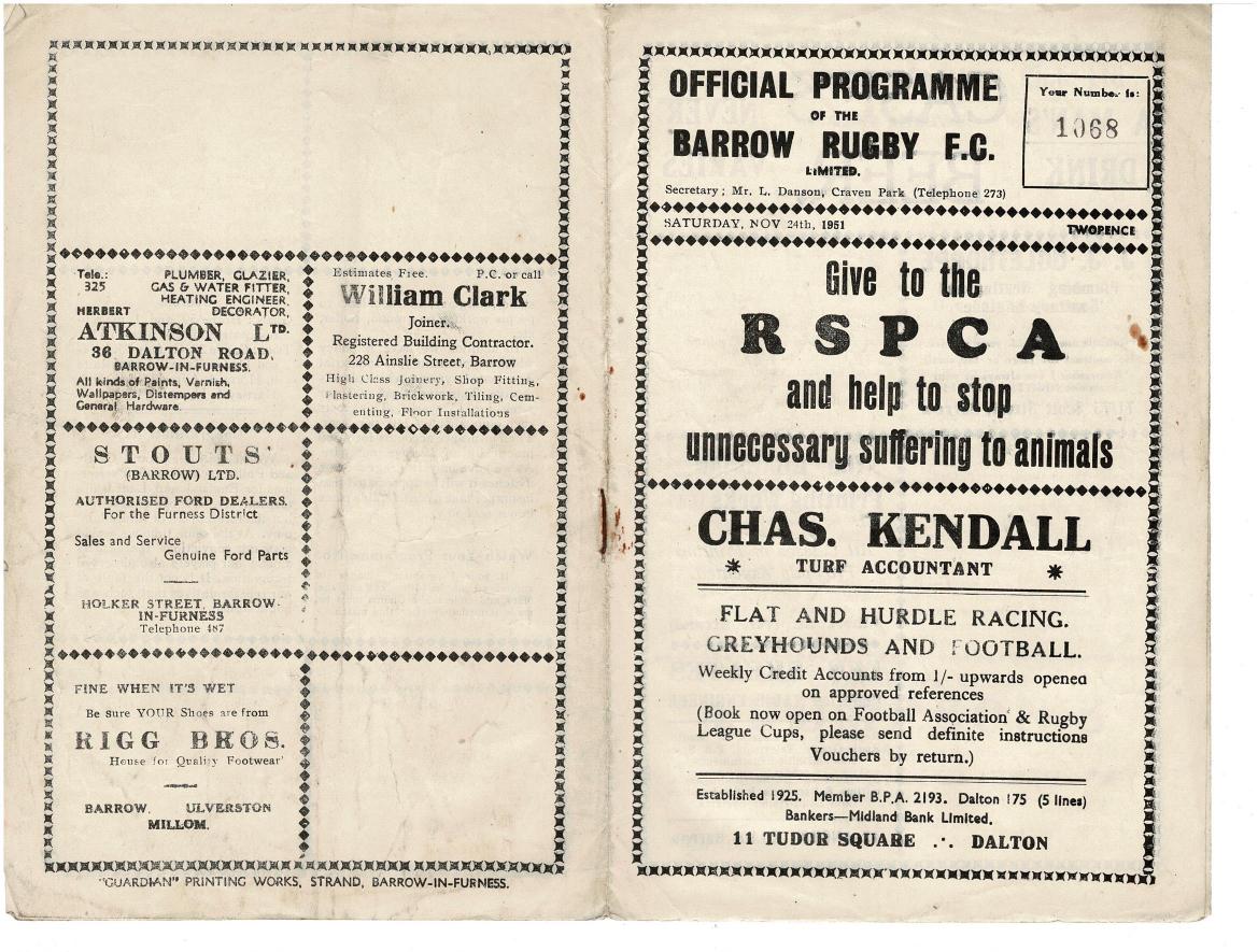 Programme cover: Oldham v Barrow, 24 November 1951