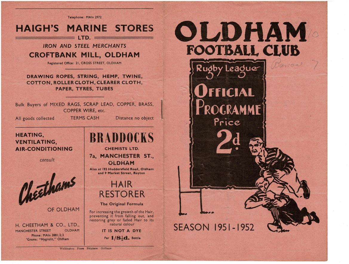 Programme cover: Oldham v Barrow, 1 December 1951