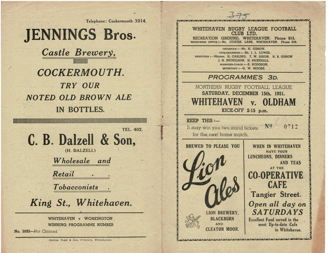 Programme cover: Oldham v Whitehaven, 15 December 1951