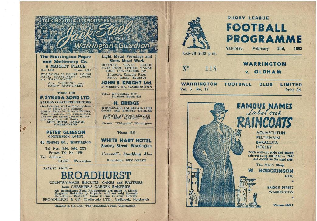 Programme cover: Oldham v Warrington, 2 February 1952