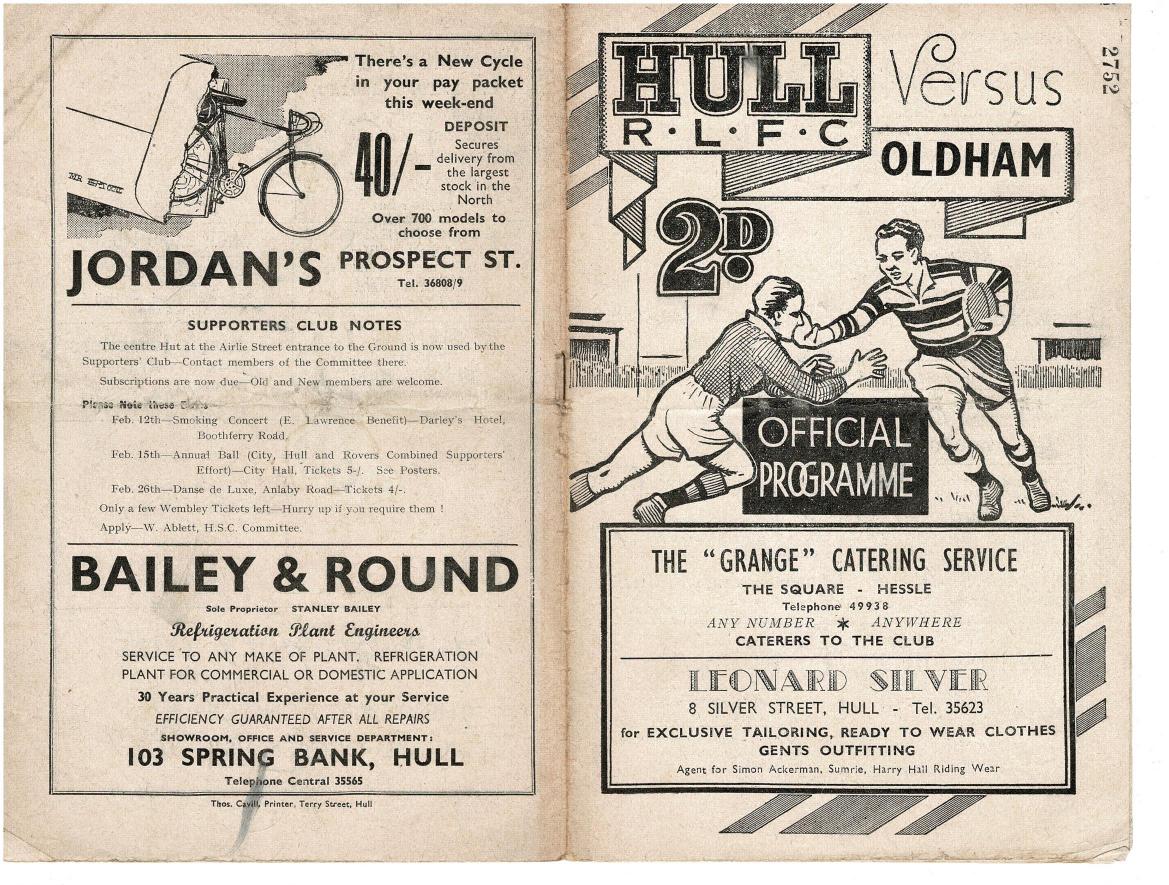 Programme cover: Oldham v Hull FC, 9 February 1952