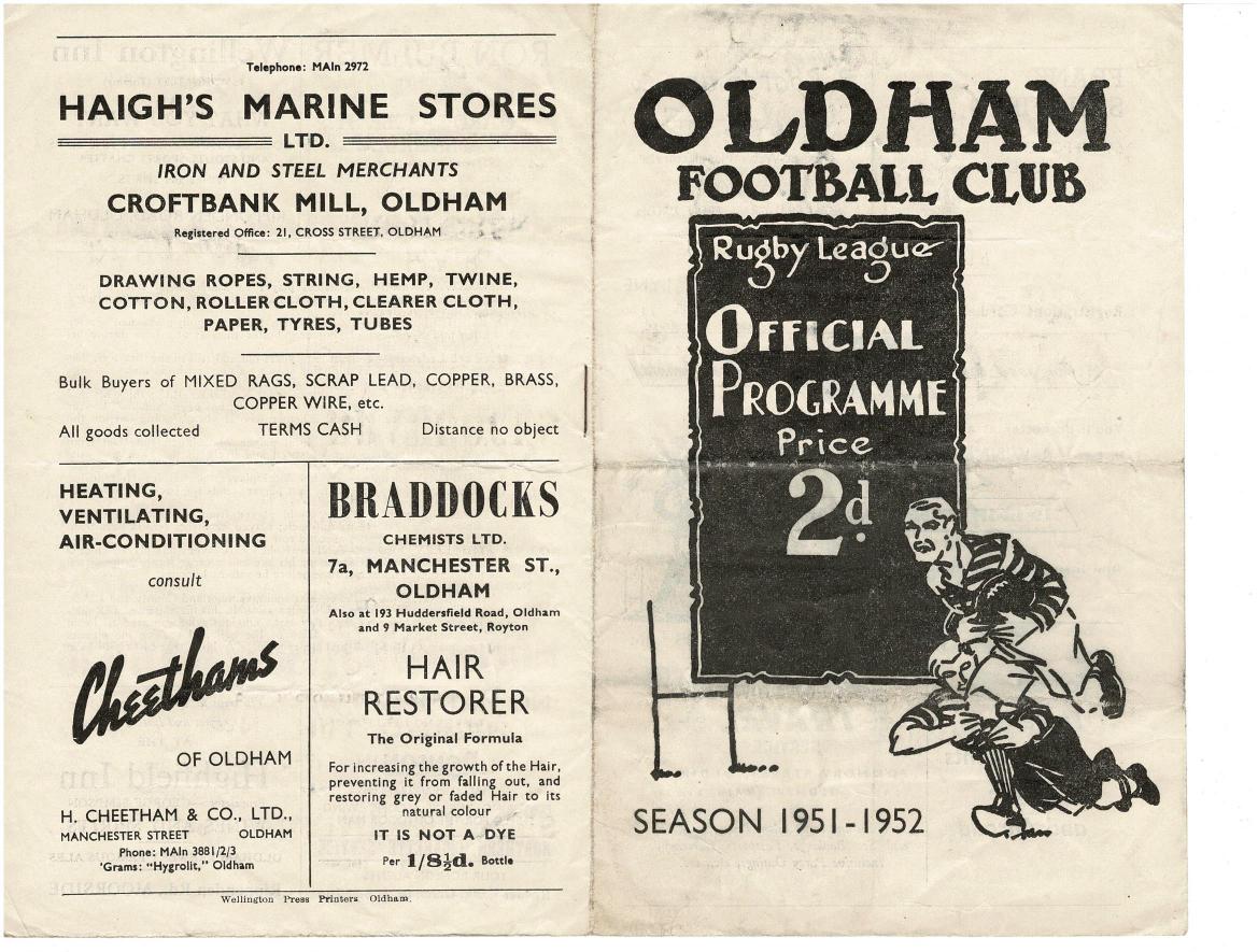Programme cover: Oldham v Hull FC, 16 February 1952