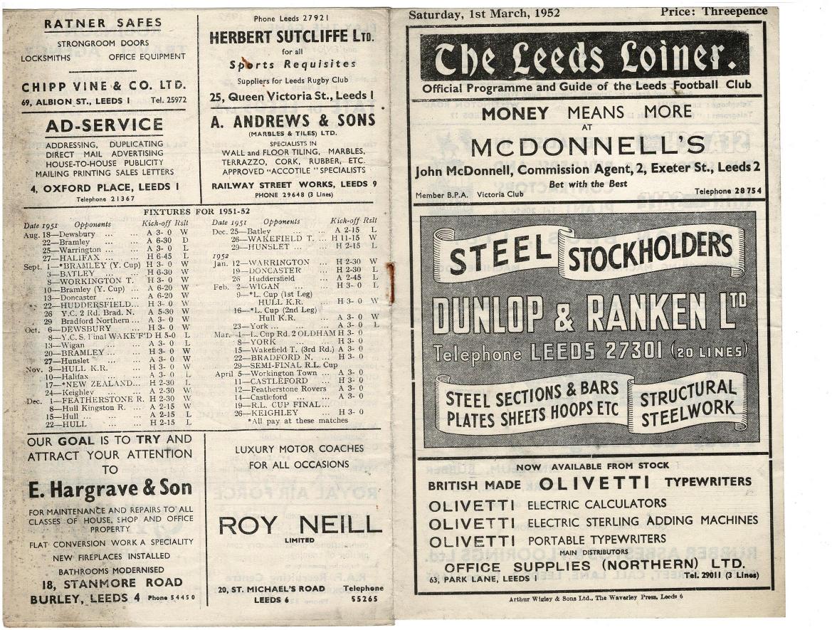Programme cover: Oldham v Leeds, 1 March 1952