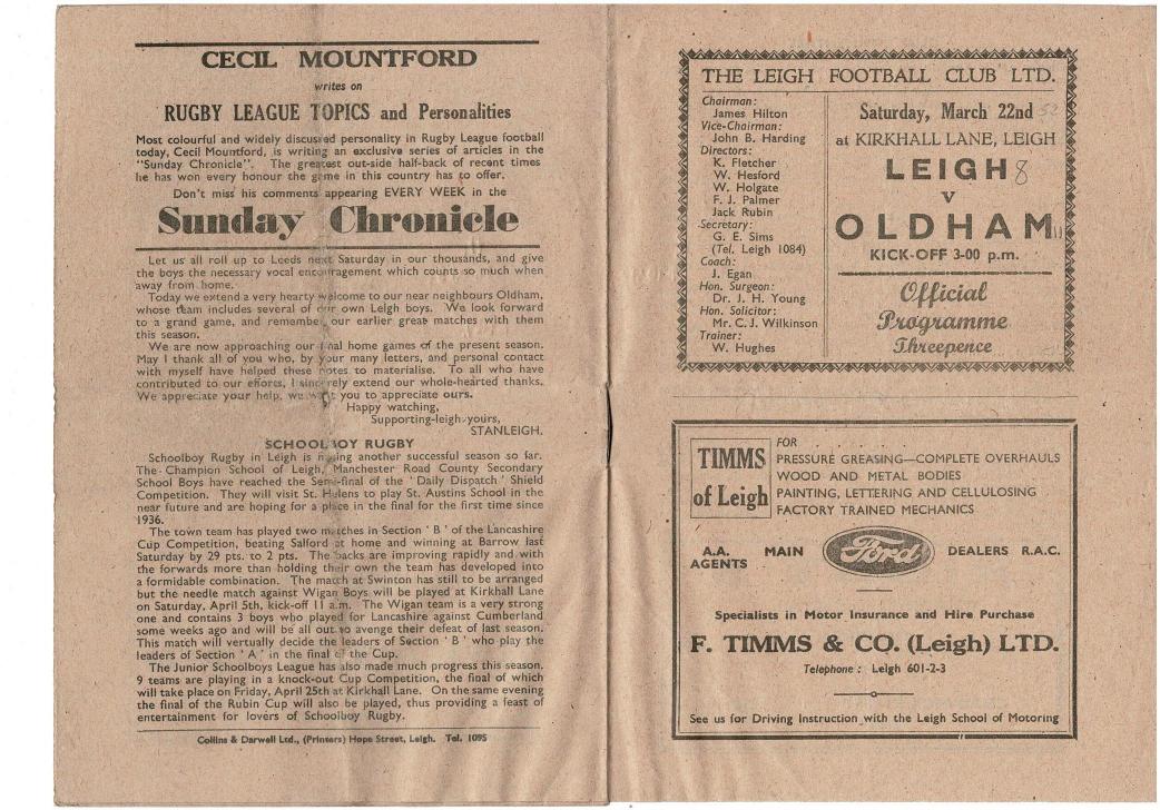 Programme cover: Oldham v Leigh, 22 March 1952