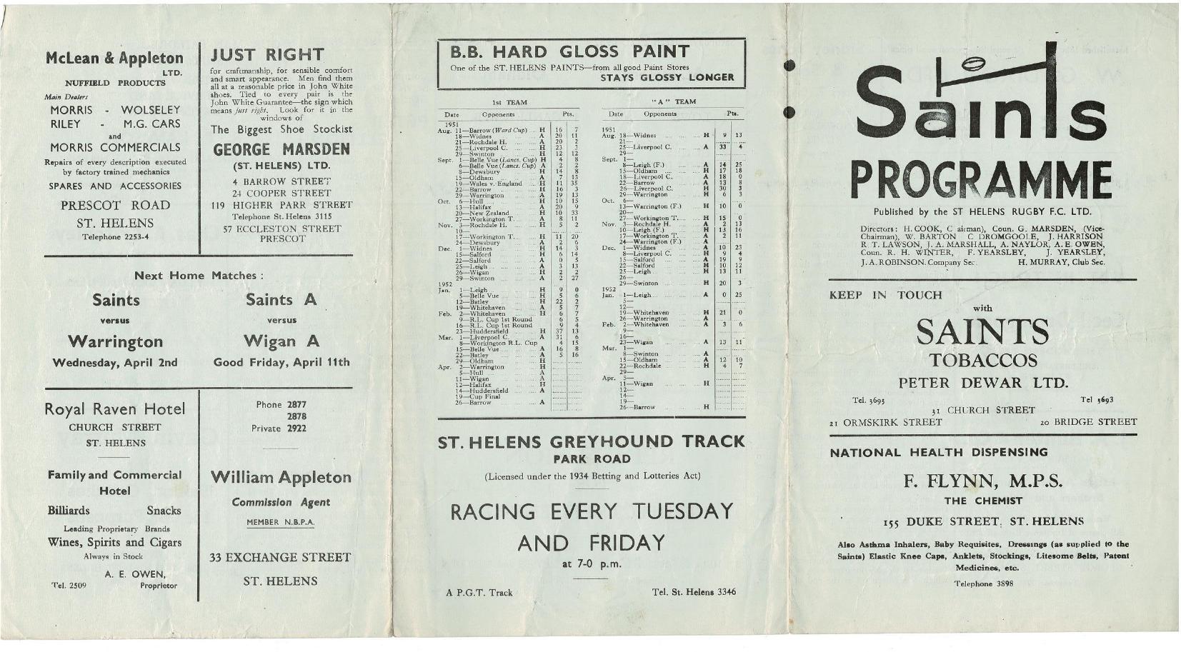 Programme cover: Oldham v St Helens, 29 March 1952