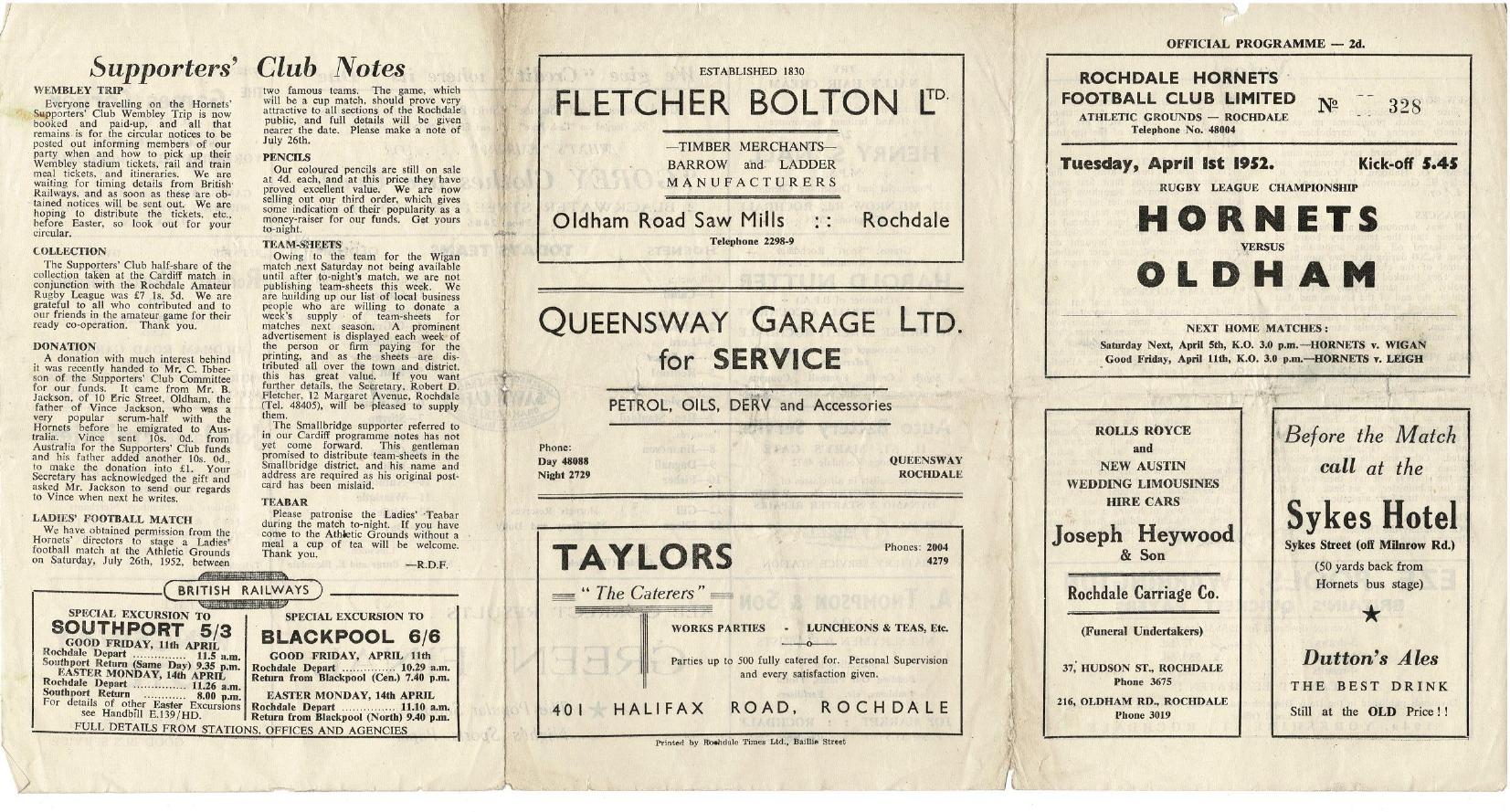 Programme cover: Oldham v Rochdale Hornets, 1 April 1952