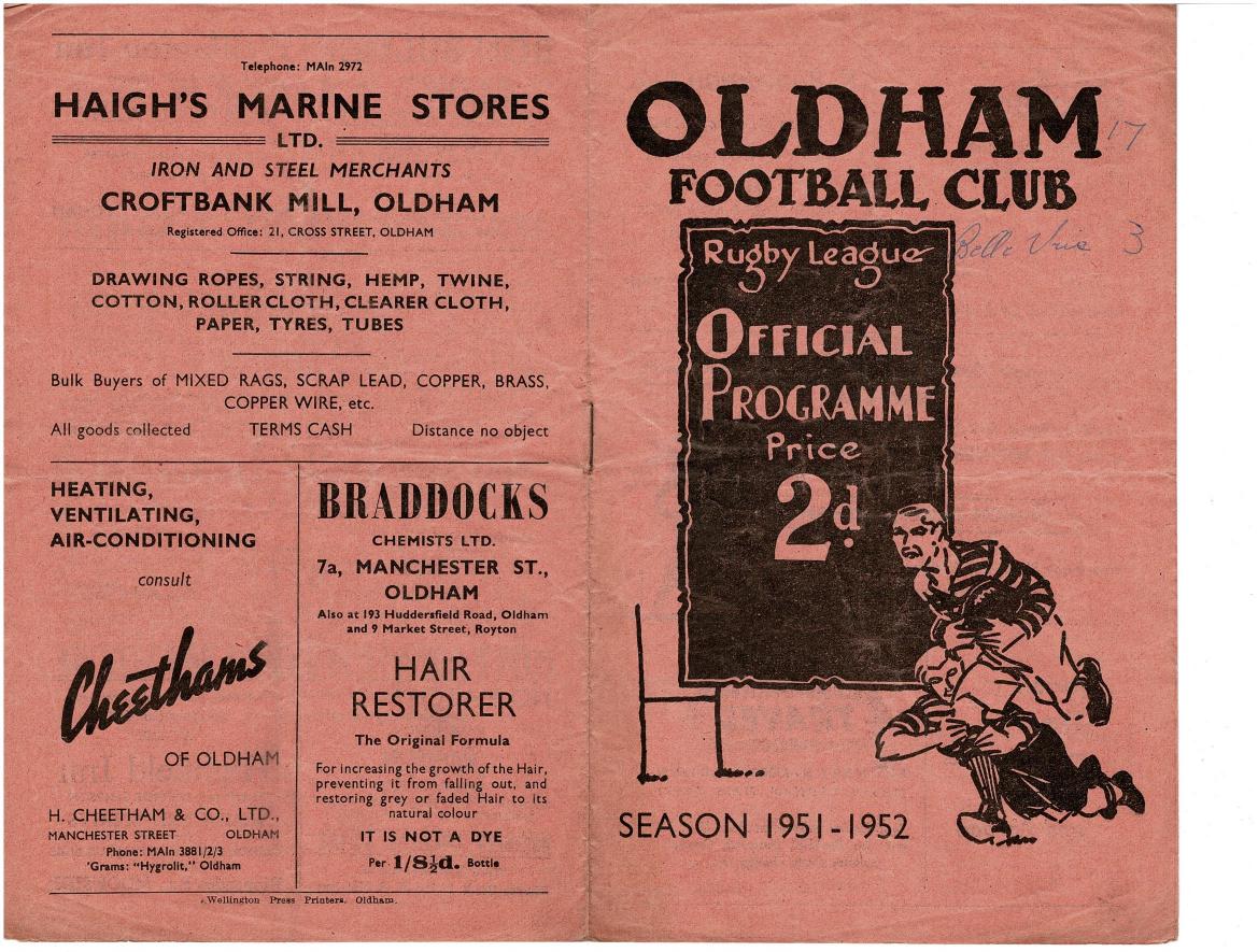 Programme cover: Oldham v Belle Vue Rangers, 5 April 1952
