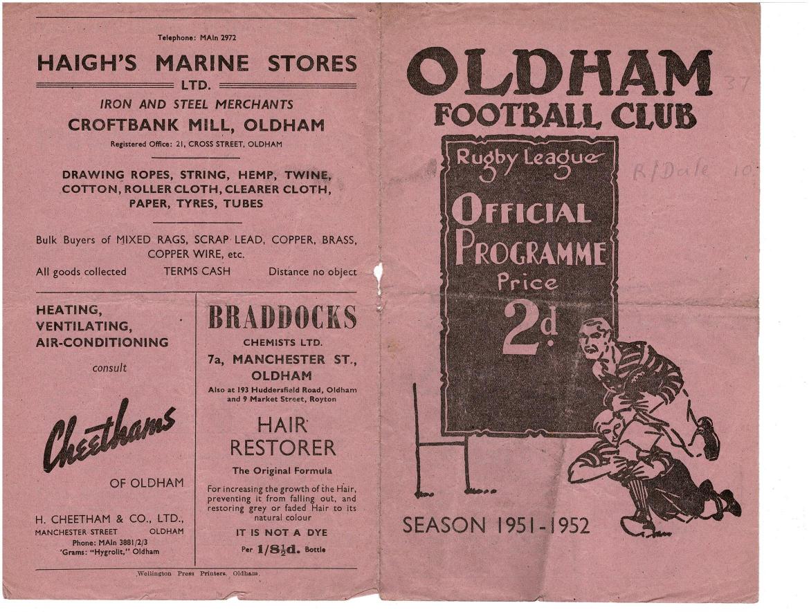 Programme cover: Oldham v Rochdale Hornets, 12 April 1952