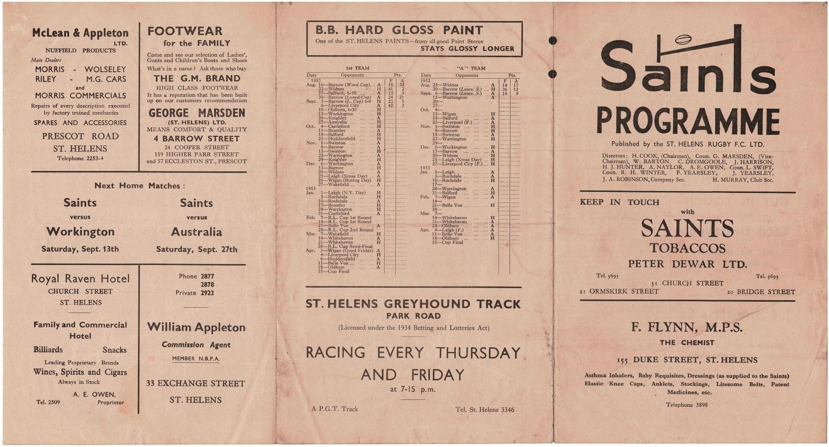 Programme cover: Oldham v St Helens, 10 September 1952