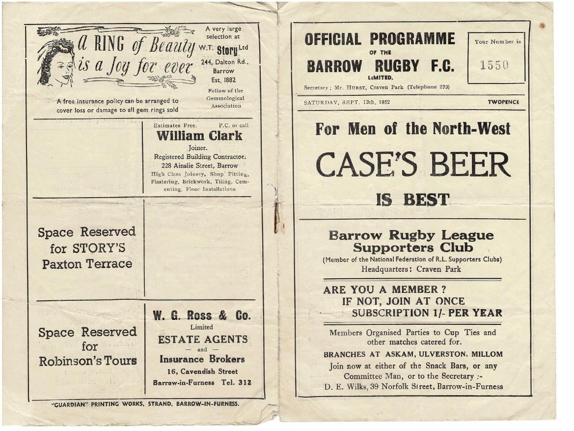 Programme cover: Oldham v Barrow, 13 September 1952