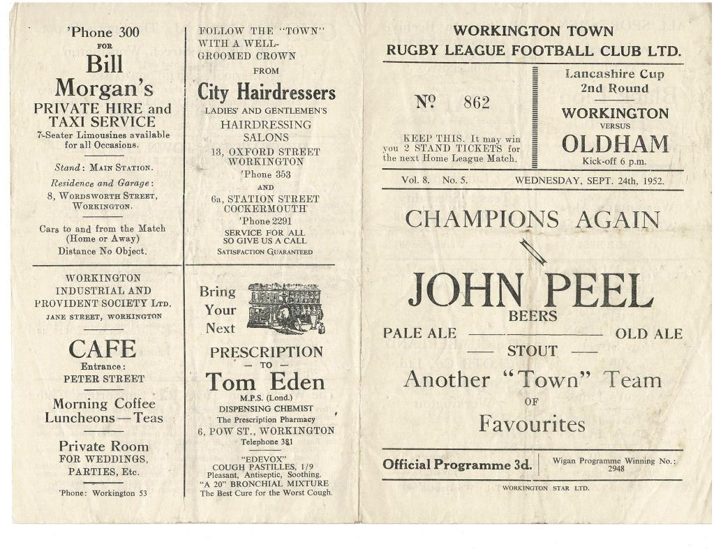 Programme cover: Oldham v Workington Town, 24 September 1952