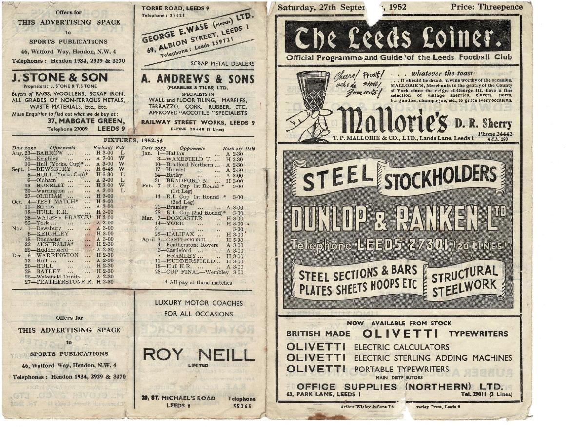 Programme cover: Oldham v Leeds, 27 September 1952