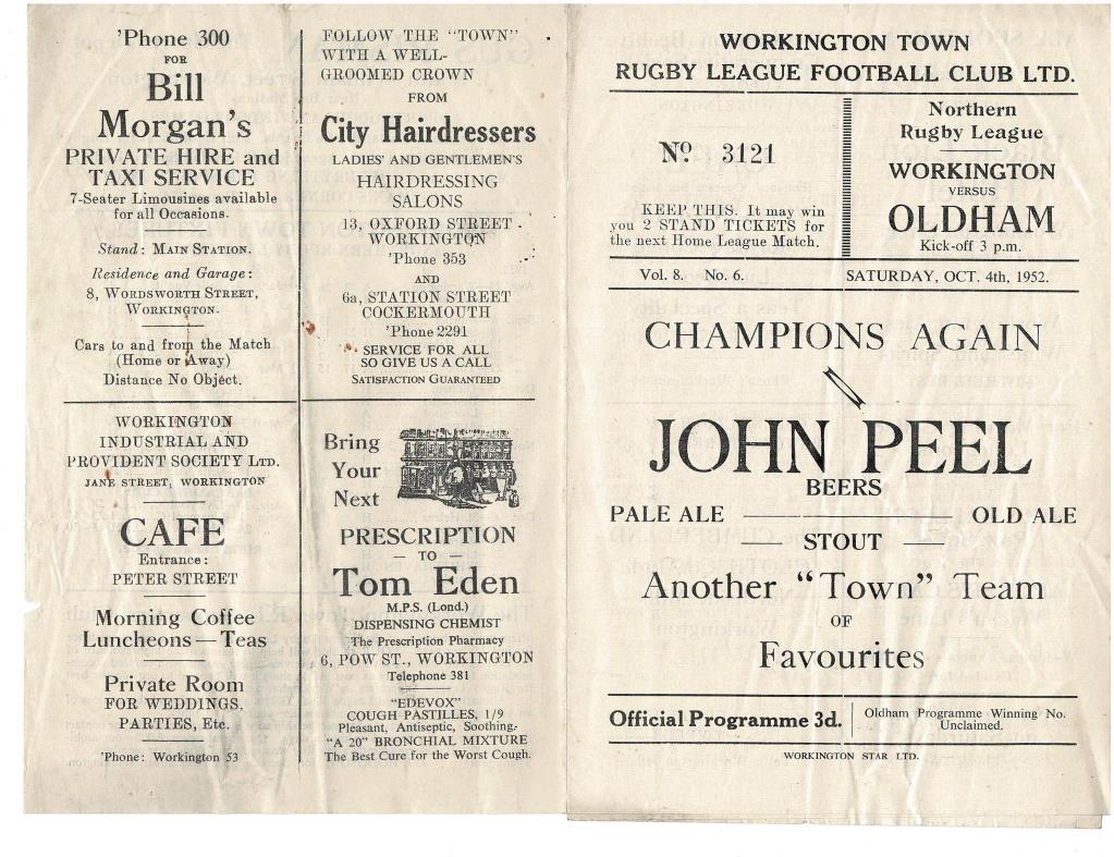 Programme cover: Oldham v Workington Town, 4 October 1952