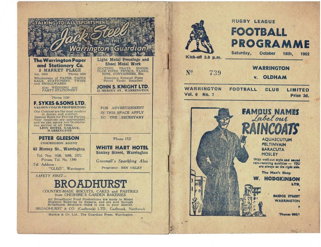 Programme cover: Oldham v Warrington, 18 October 1952
