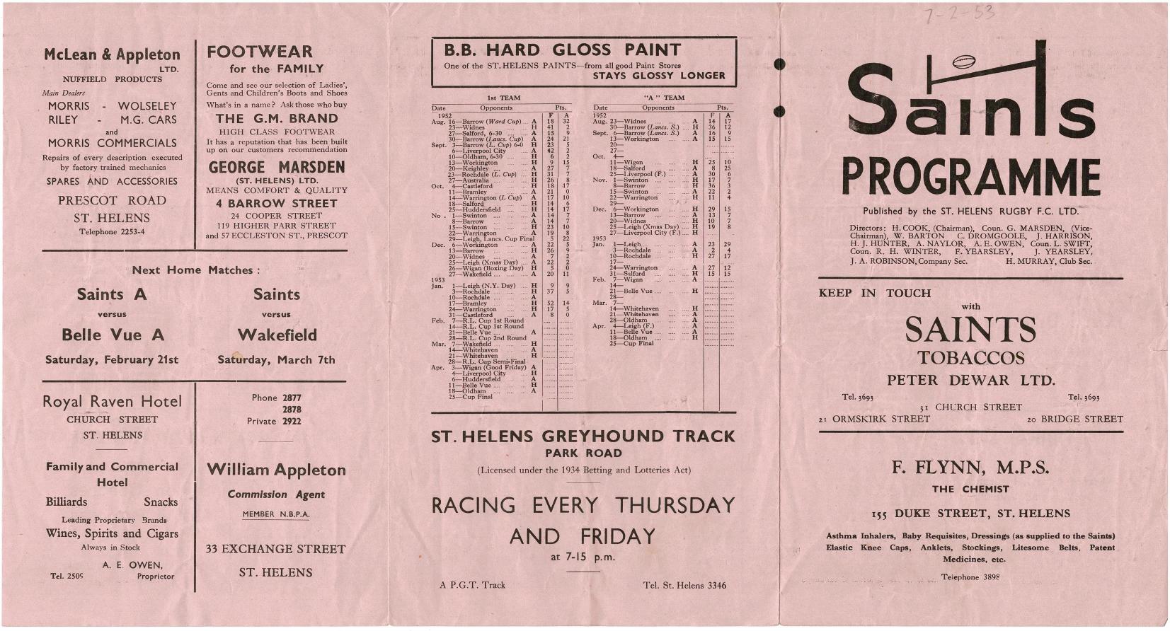 Programme cover: Oldham v St Helens, 7 February 1953