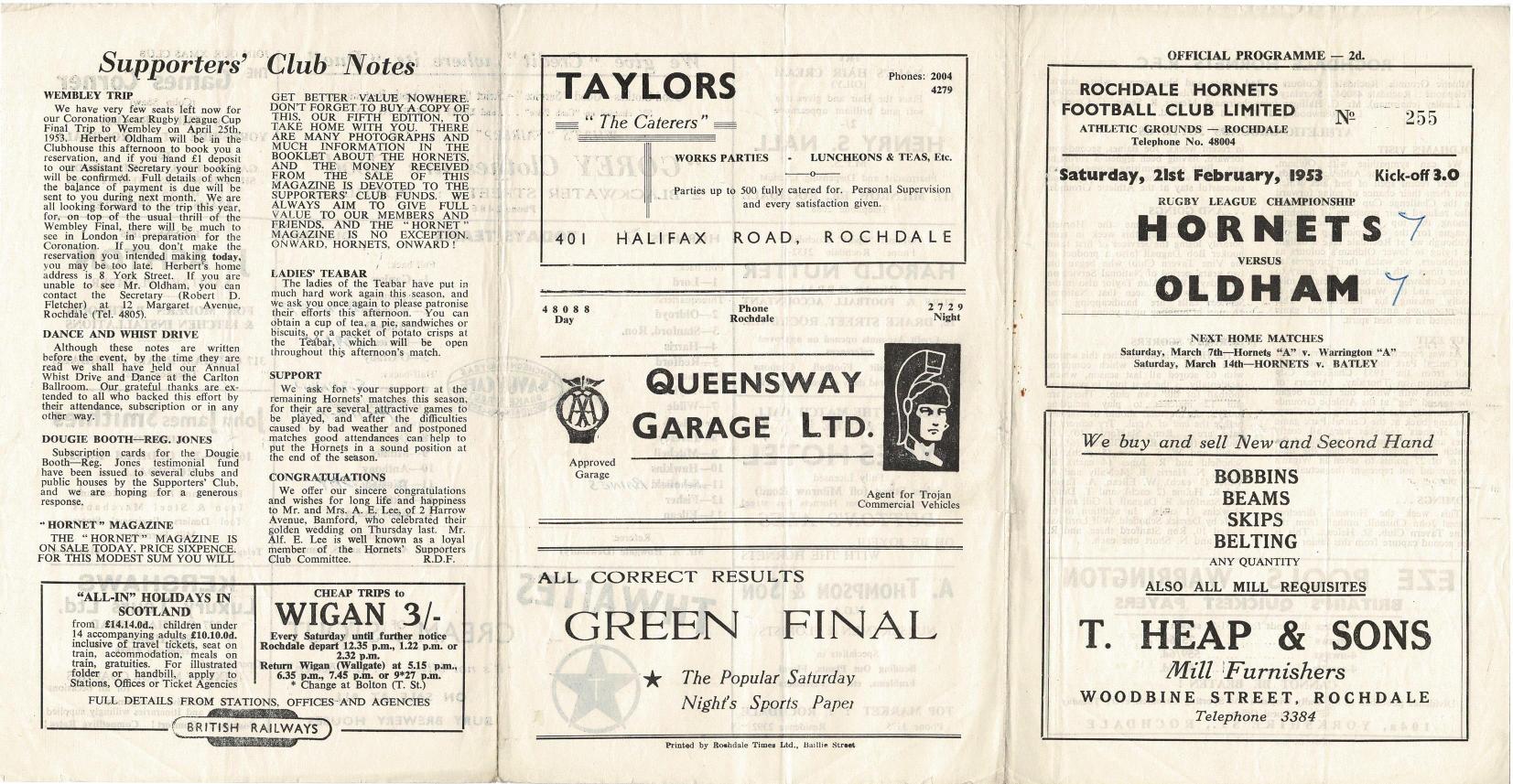 Programme cover: Oldham v Rochdale Hornets, 21 February 1953