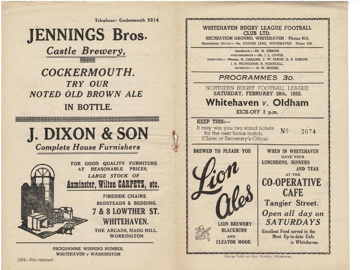 Programme cover: Oldham v Whitehaven, 28 February 1953
