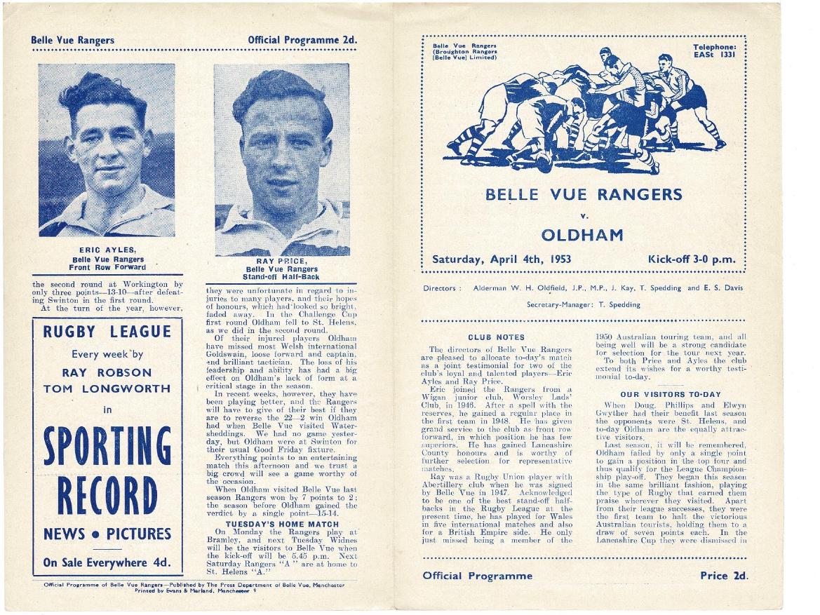 Programme cover: Oldham v Belle Vue Rangers, 4 April 1953