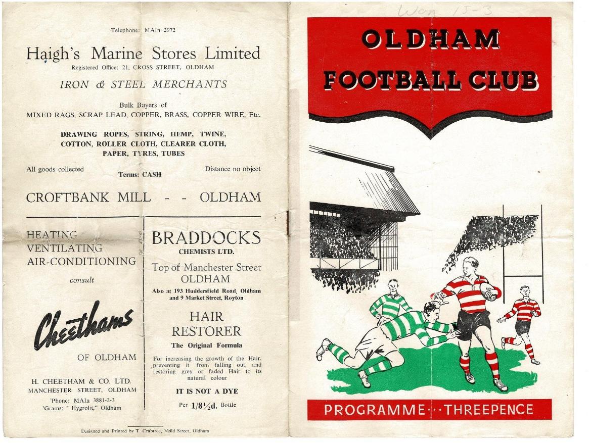 Programme cover: Oldham v Whitehaven, 6 April 1953