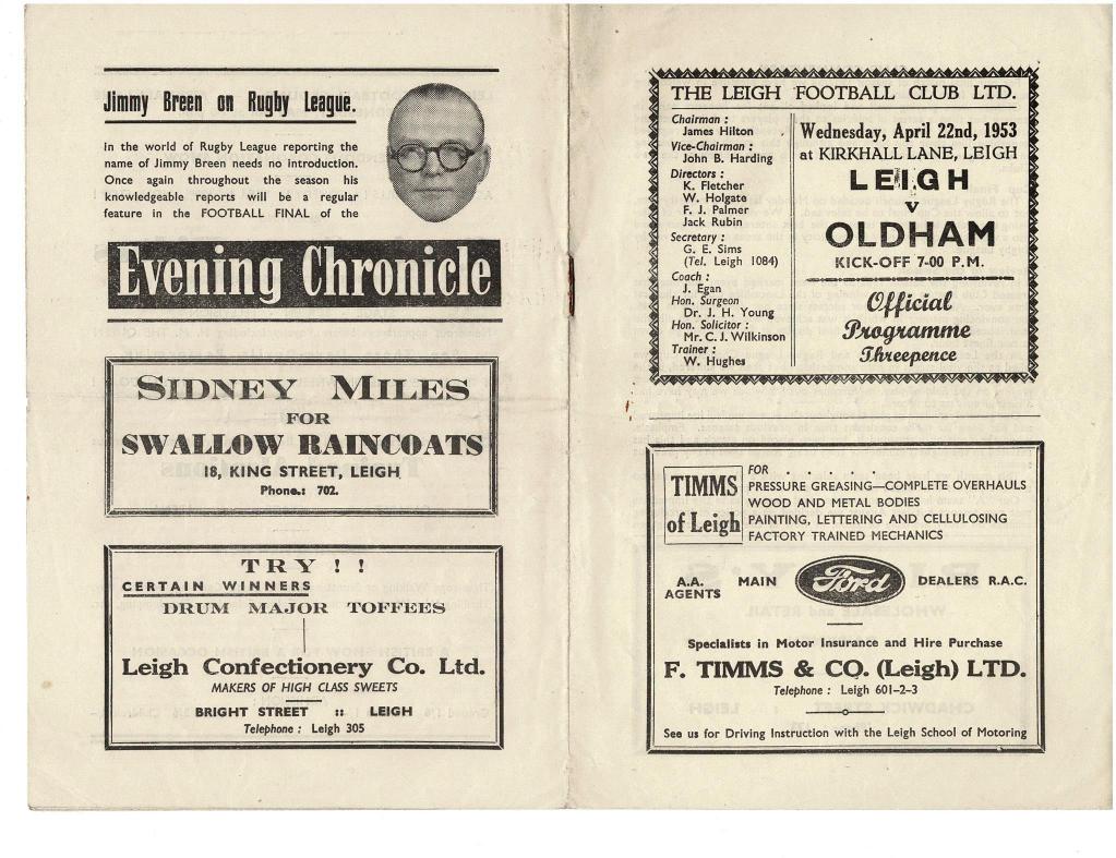 Programme cover: Oldham v Leigh, 22 April 1953