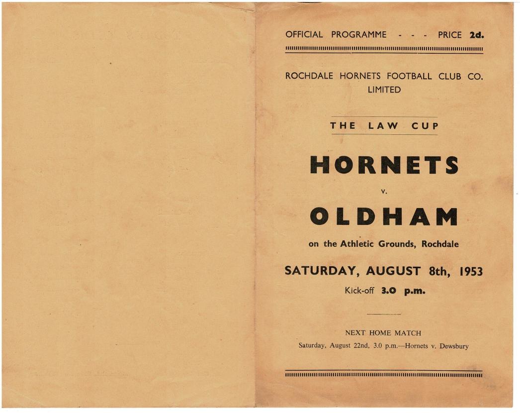 Programme cover: Oldham v Rochdale Hornets, 8 August 1953
