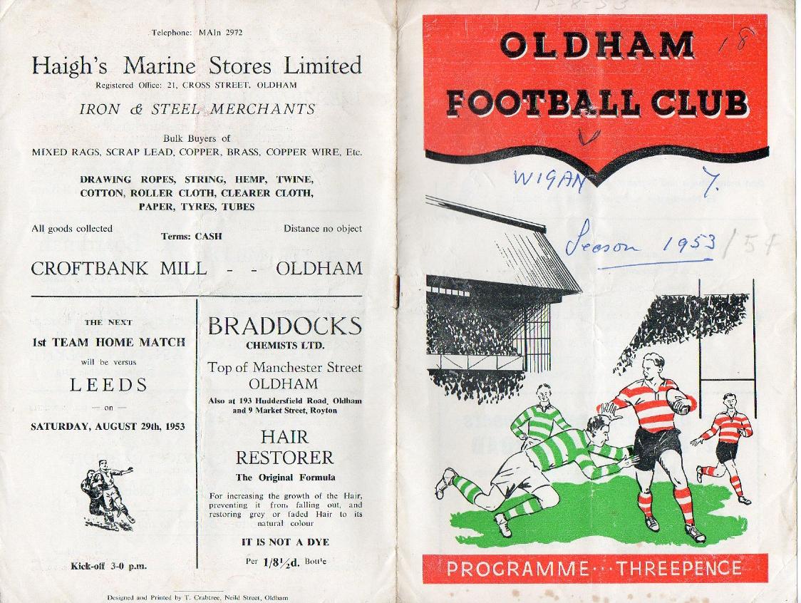 Programme cover: Oldham v Wigan, 15 August 1953